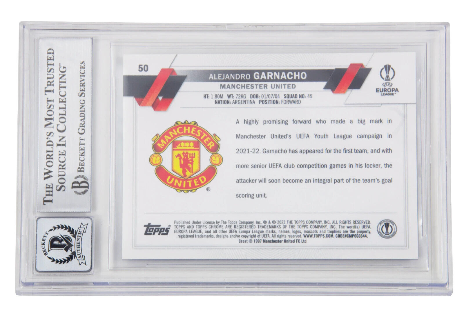 Alejandro Garnacho Signed 2022-23 Topps Chrome UCC Sapphire Rookie Card – BGS 10